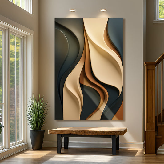 Sculptural canvas art styled above a wooden console in a refined entryway