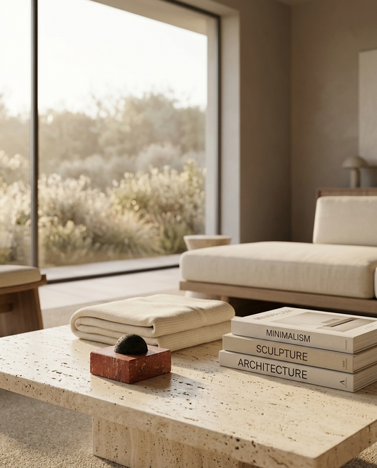 Black lava stone marble diffuser styled with books on a travertine table in a minimalist living room