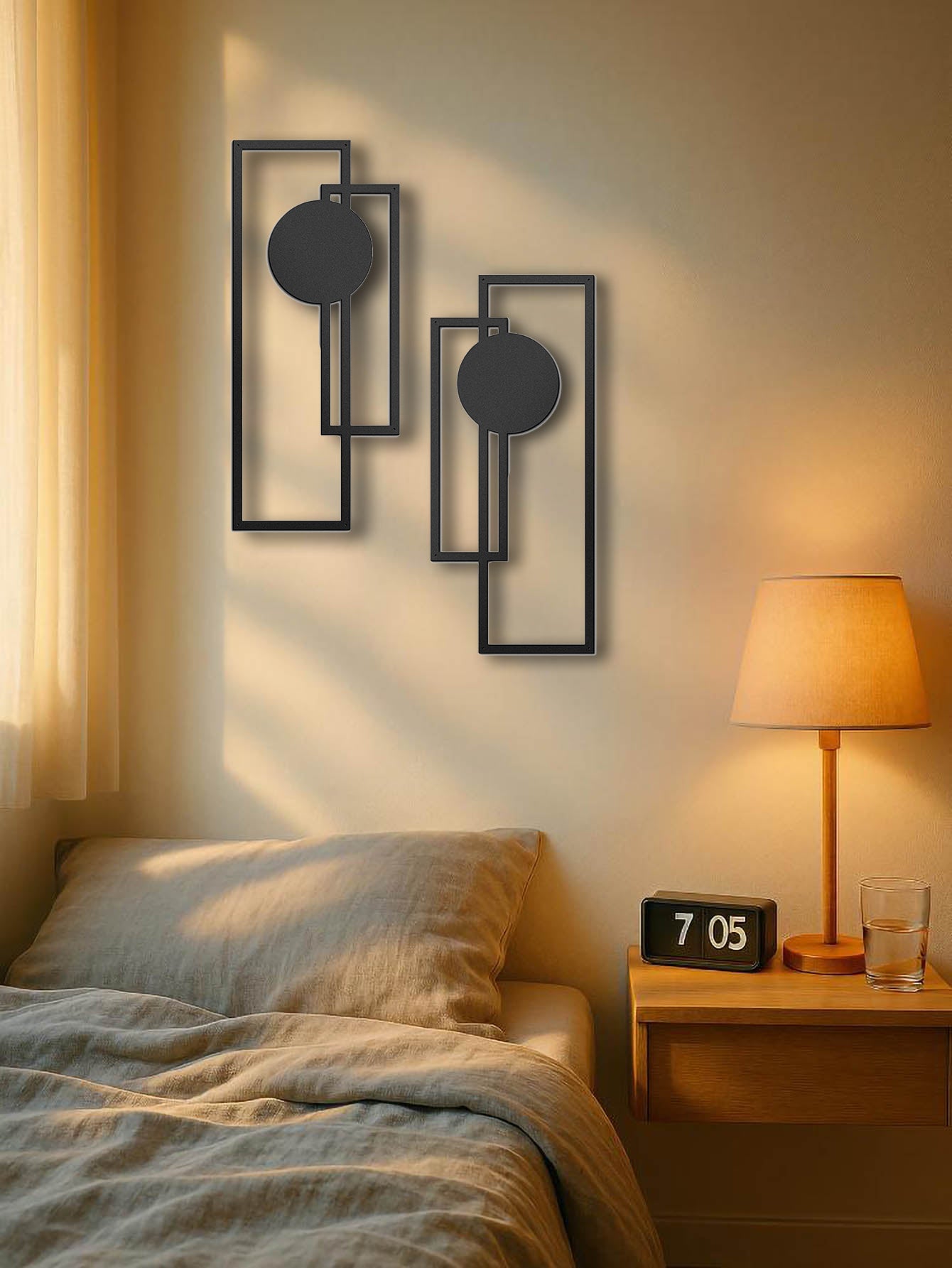Metal wall art set in a warm bedroom with bedside lighting