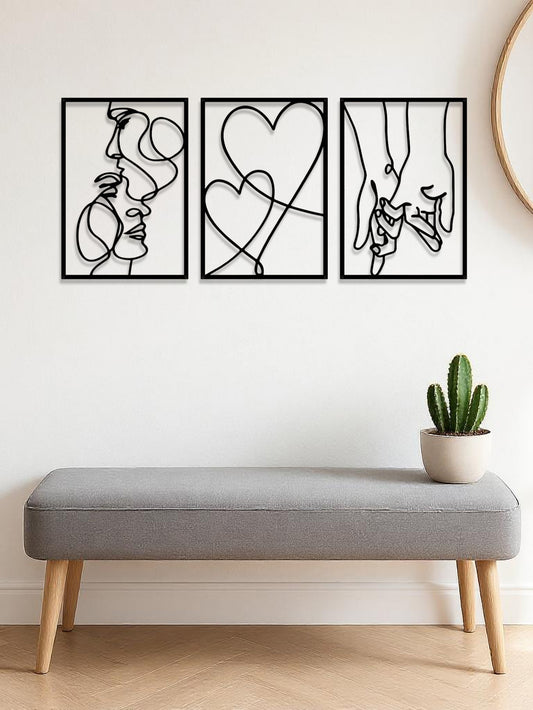 Romantic line art metal panels above a grey upholstered bench