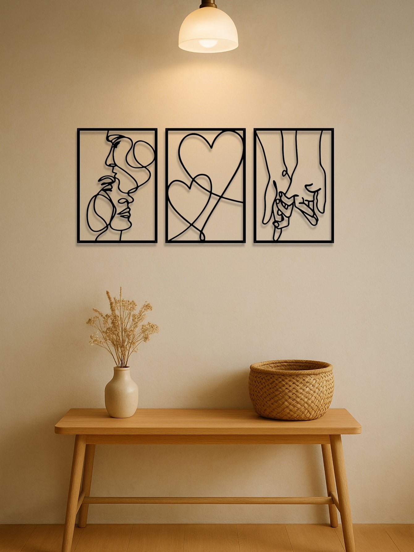 Romantic line art metal panels above a wooden bench with dried florals