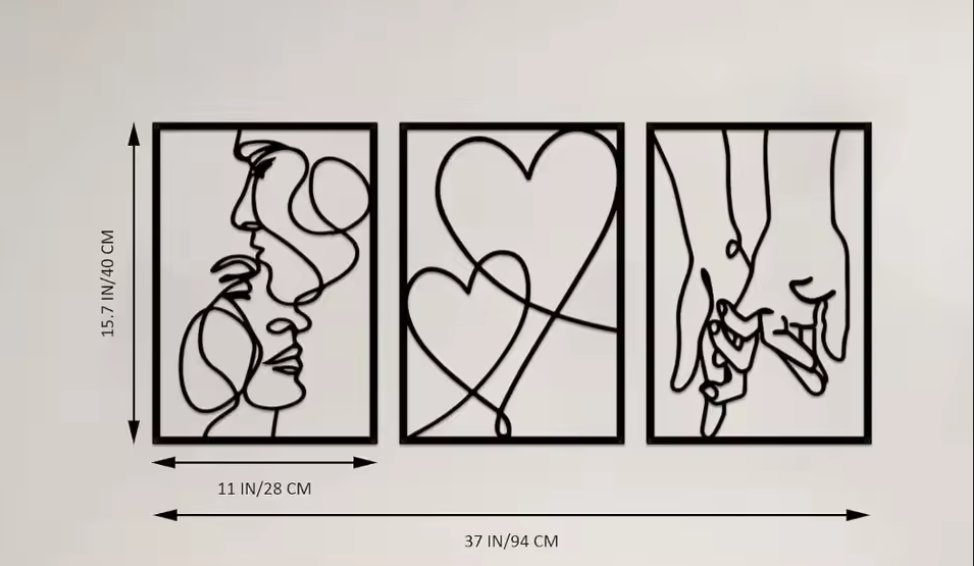Size dimensions for the romantic line art metal wall set