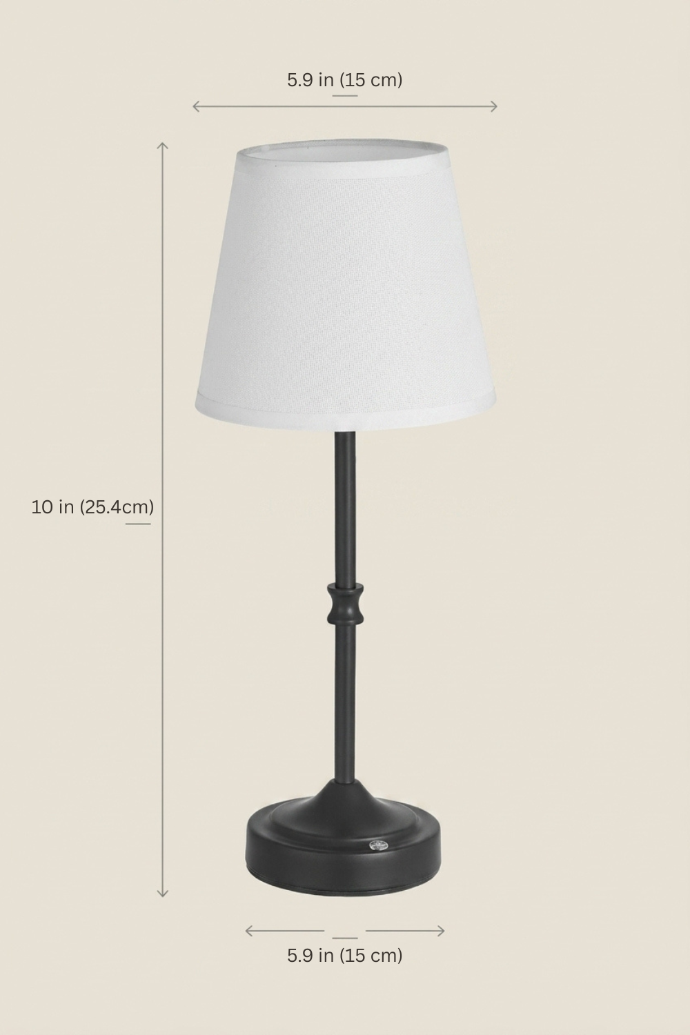 Dimension diagram: cordless table lamp 10 in (25.4 cm) tall, 5.9 in (15 cm) shade and base width