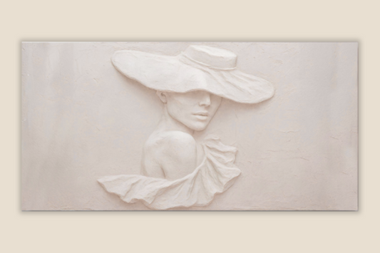 Minimalist female portrait canvas — warm sculptural-look print of a woman in a wide-brim hat on a cream wall