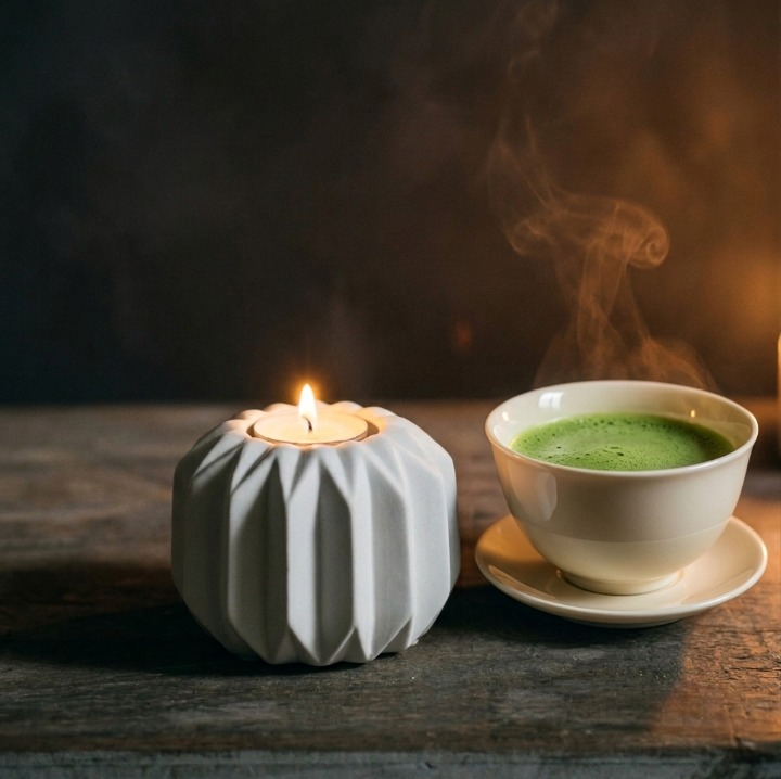 White faceted porcelain candle holder with a lit tealight beside a steaming cup of matcha