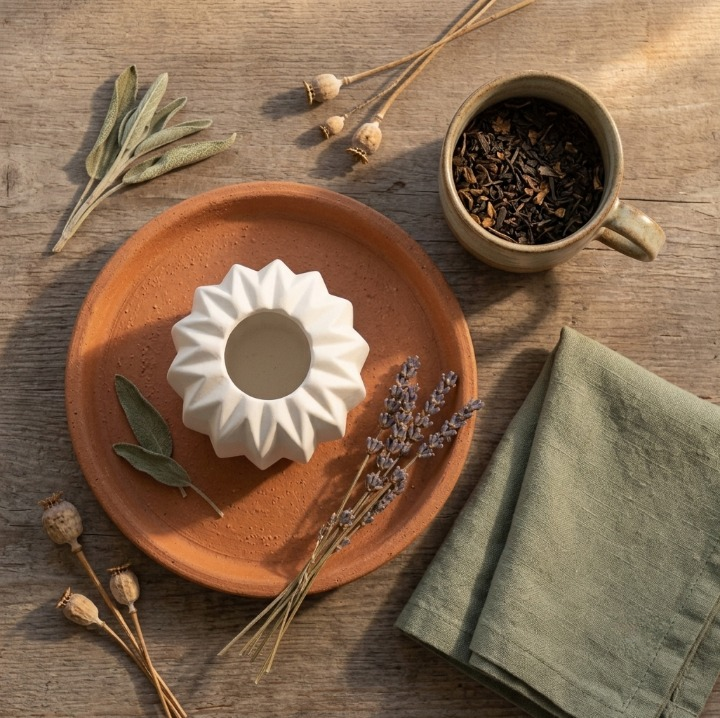 Small white faceted porcelain candle holder on a terracotta plate with sage leaves, dried pods and a cup, seen from above