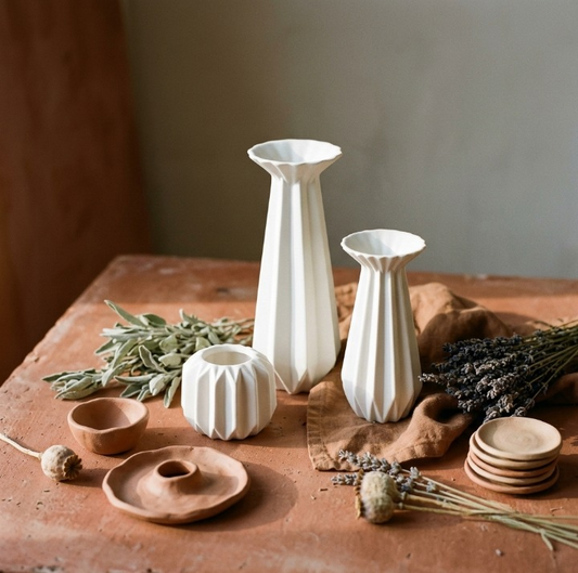 Three white faceted porcelain candle holders — two tall and one round — styled with sage leaves, dried lavender and terracotta dishes on a warm terracotta table.
