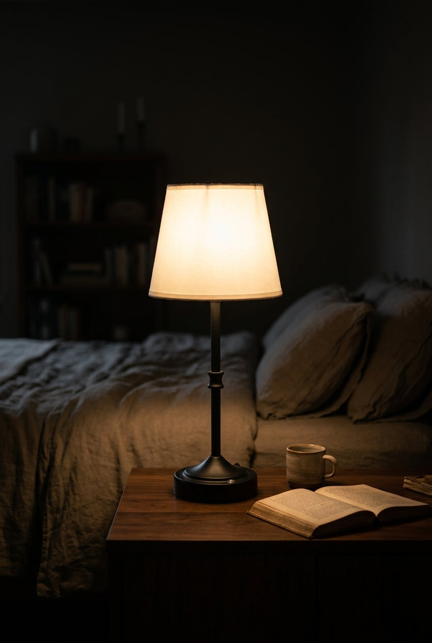 Warm-glow cordless lamp as the only light in a dark cozy bedroom with an open book