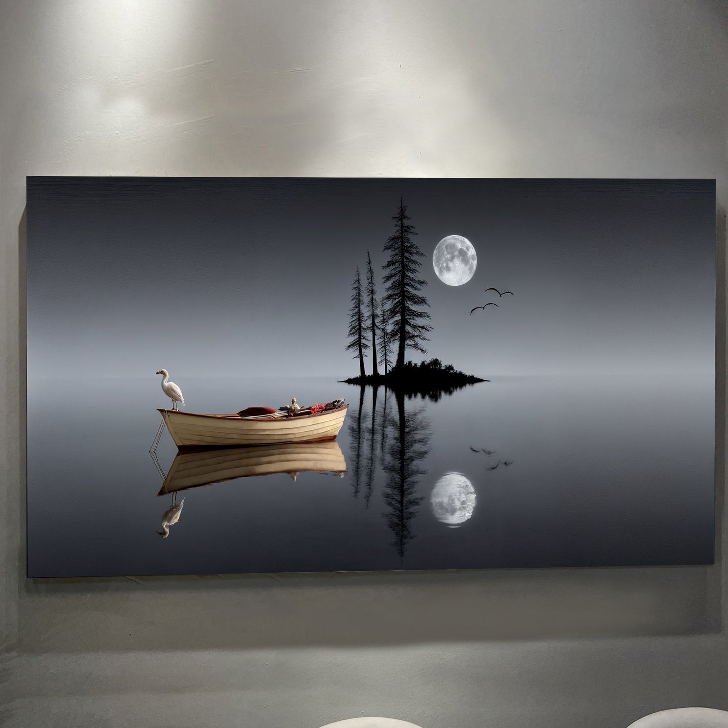 Dark night lake wall art in a minimalist neutral living space