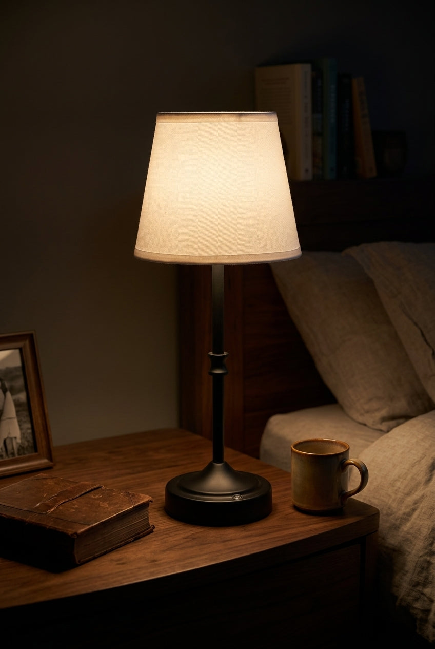 Cordless table lamp casting a warm glow on a wooden nightstand beside a bed at night