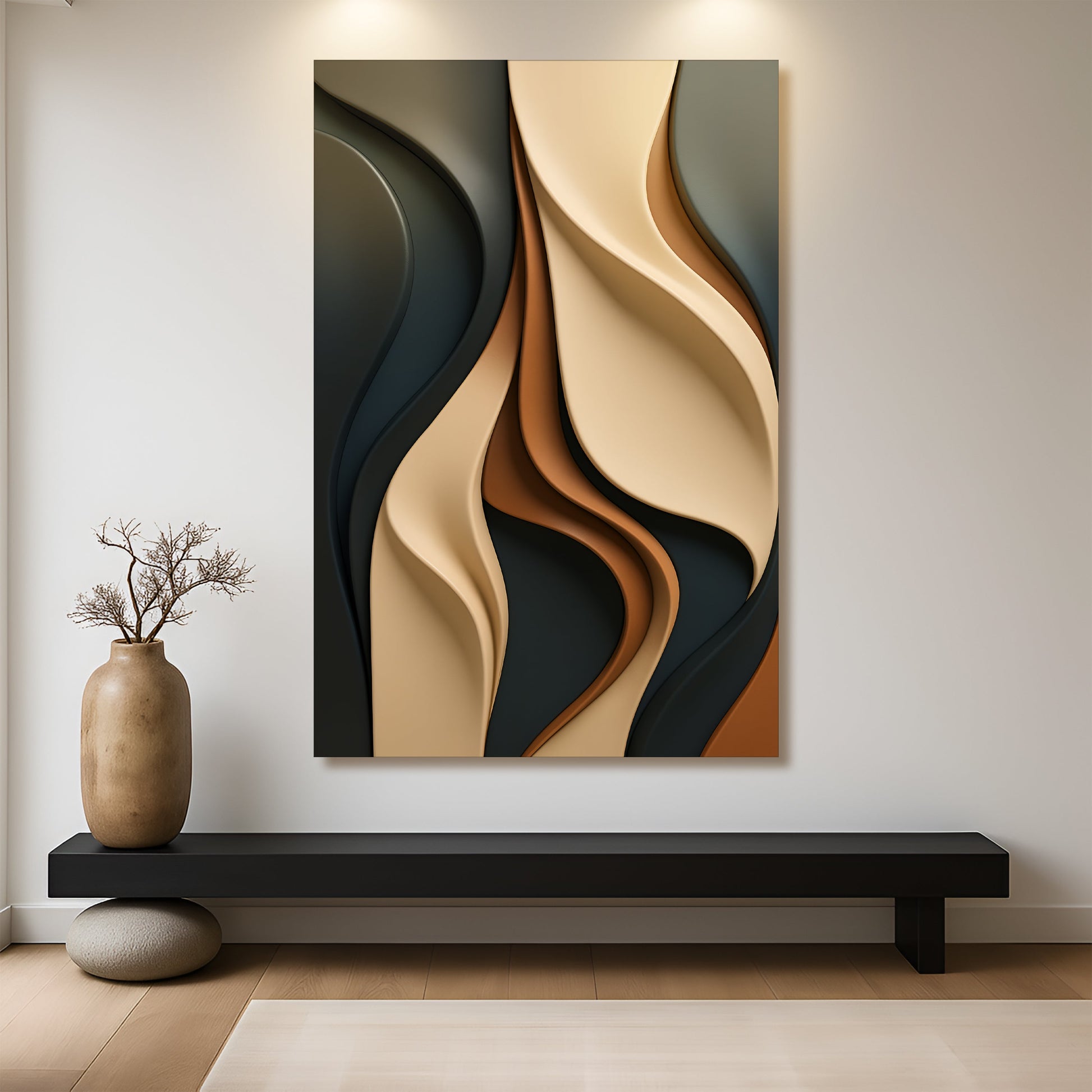 Flowing abstract canvas art in a minimalist living space
