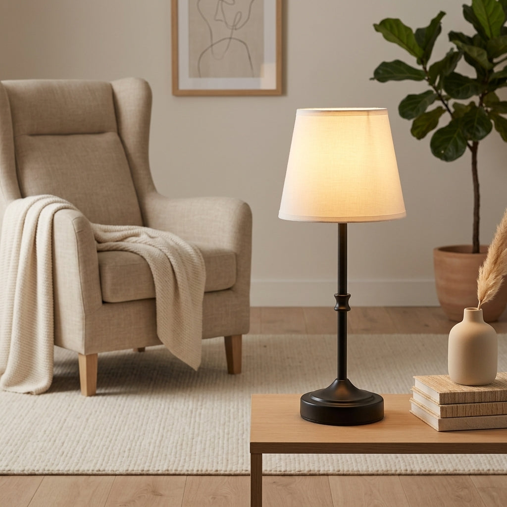 Black table lamp with warm light on a coffee table in a neutral minimalist living room