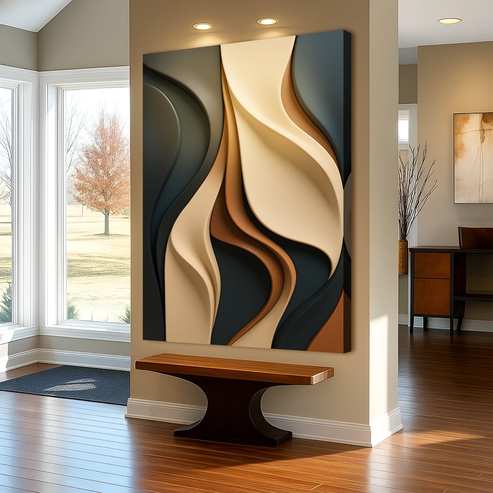 Abstract sculptural wall art displayed in a sunlit hallway