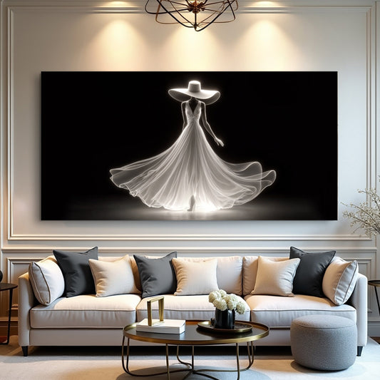 Elegant white woman-in-a-gown silhouette canvas art on black, hung above a light sofa in a living room