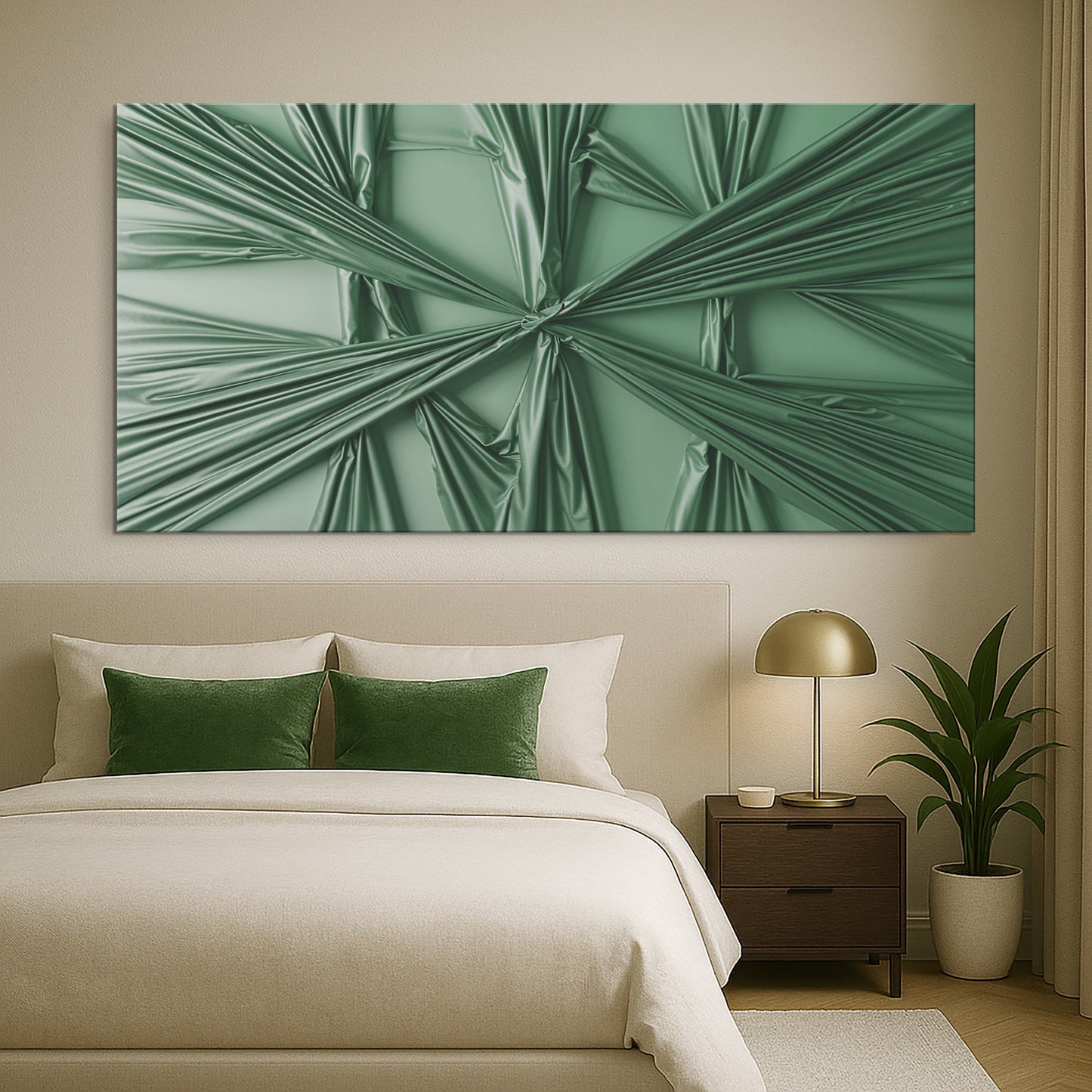 Green abstract canvas art hanging above a bed with neutral beige bedding and matching nightstand lamps