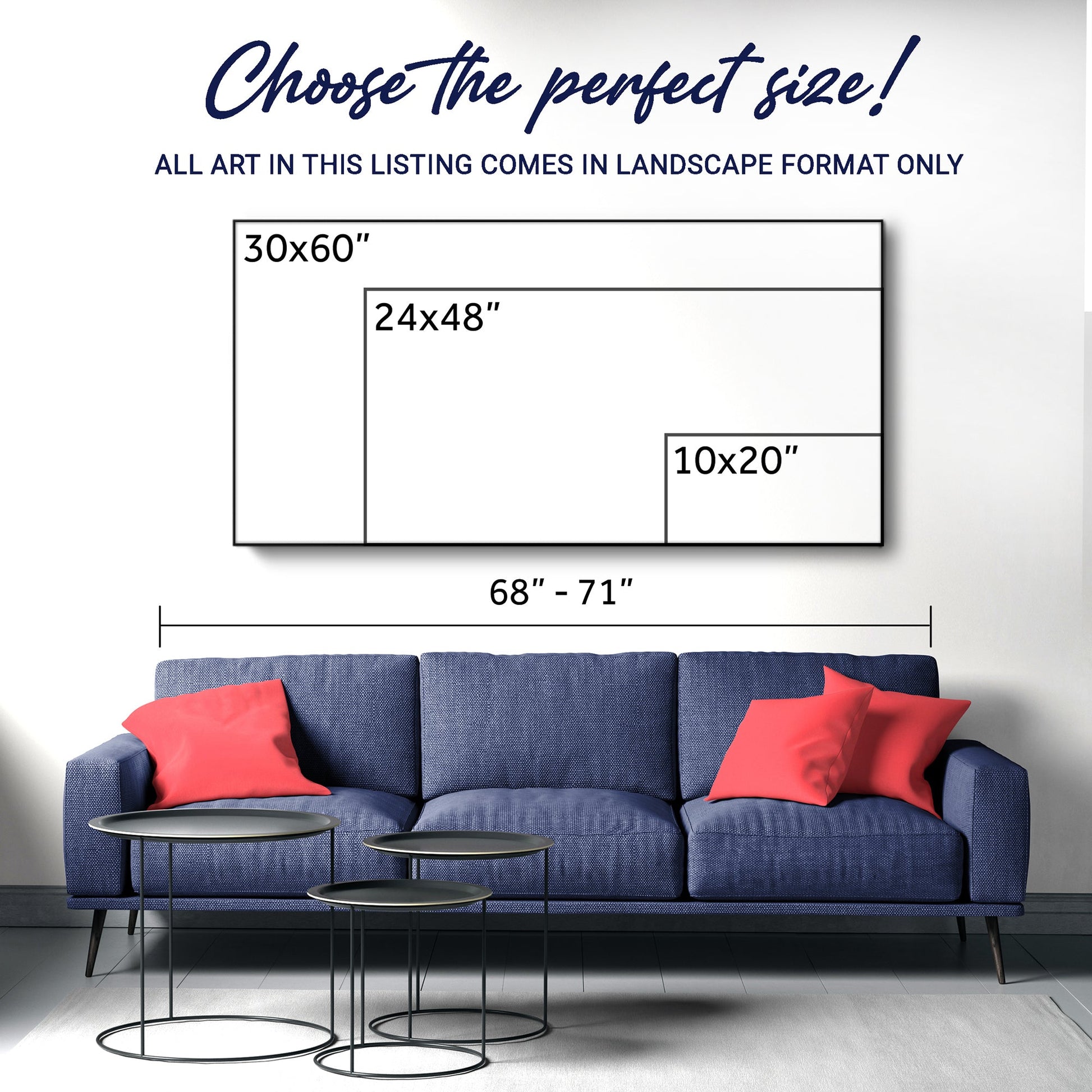 Wall art size comparison guide above a contemporary sofa