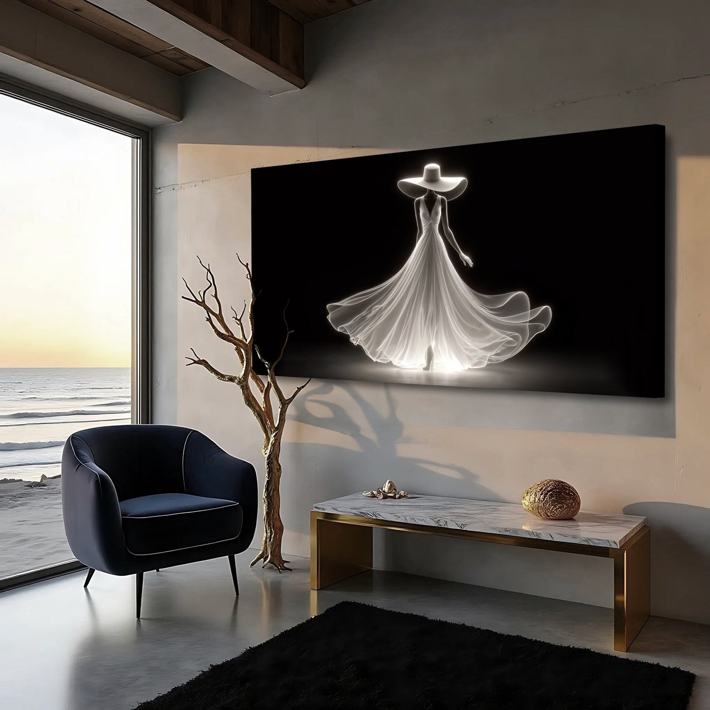 White gowned woman silhouette canvas art on black displayed above a blue armchair beside a large window