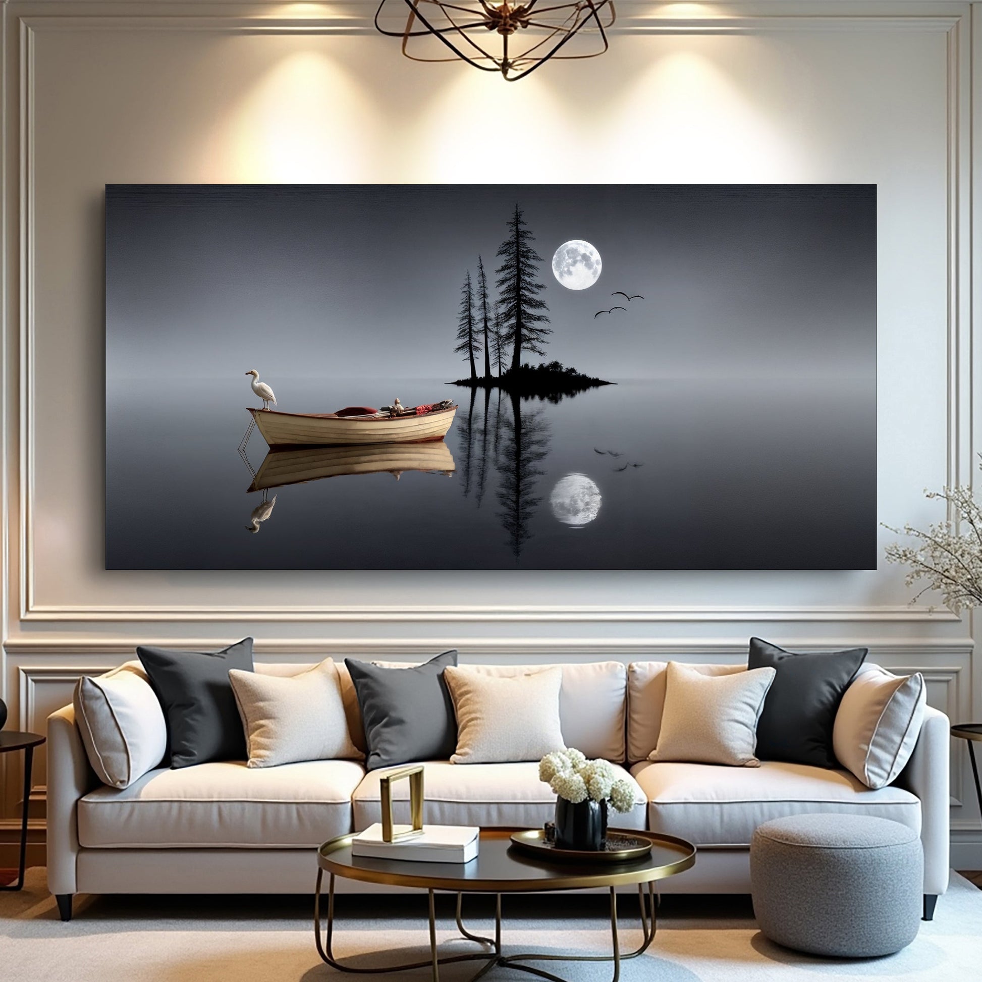 Night lake canvas displayed in a contemporary living room setting