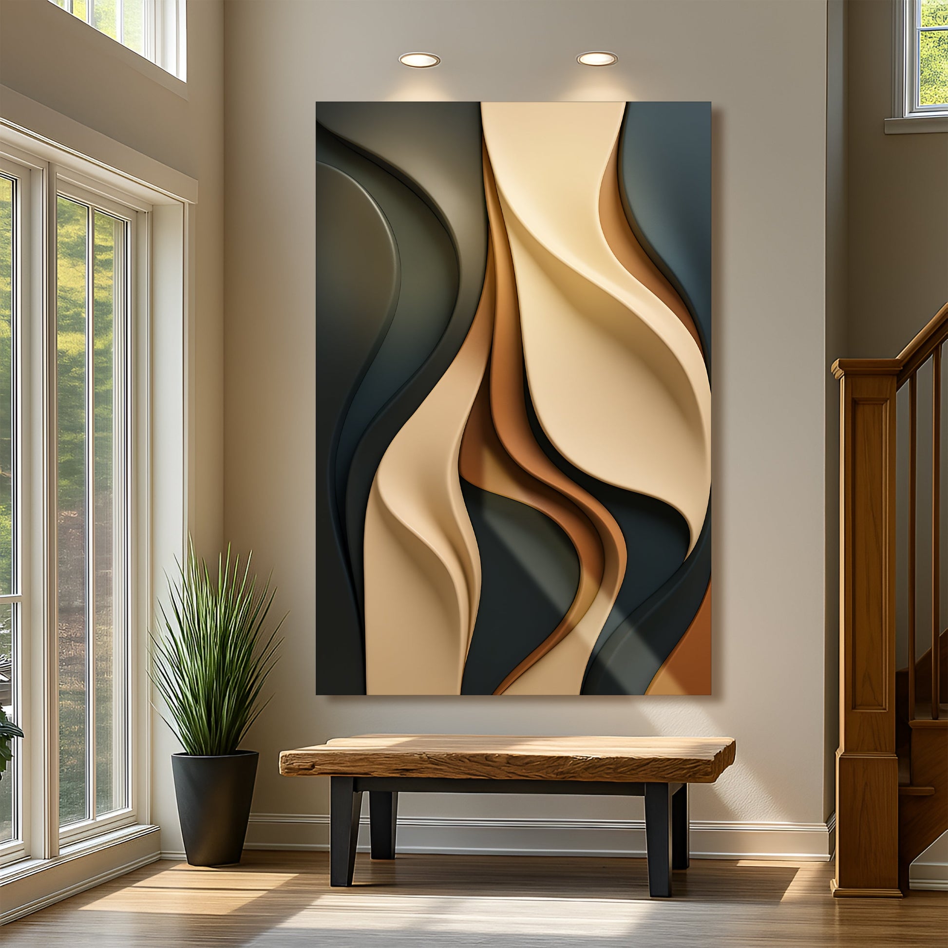 Sculptural canvas art styled above a wooden console in a refined entryway
