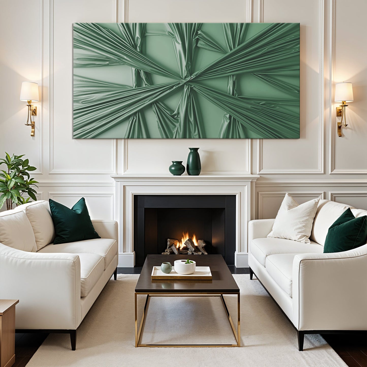 Emerald green draped canvas art above a lit fireplace with green vases on the mantel and cream sofas with green pillows