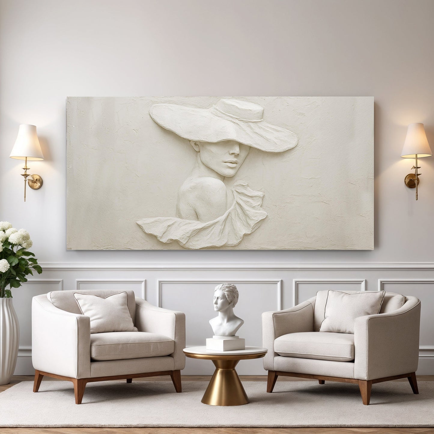 Textured portrait canvas styled above a sofa in a neutral living room