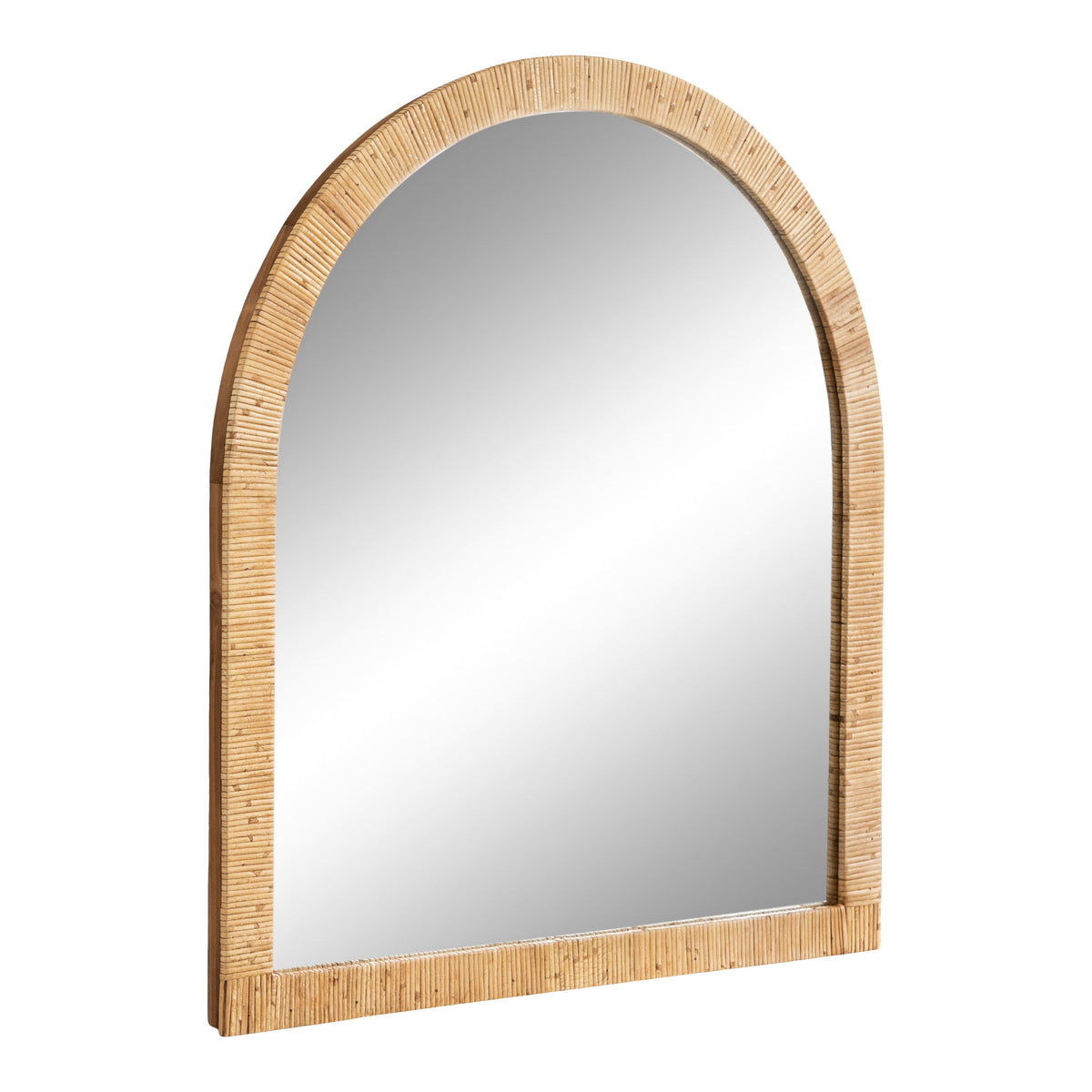 Arched rattan wall mirror in natural finish, front view