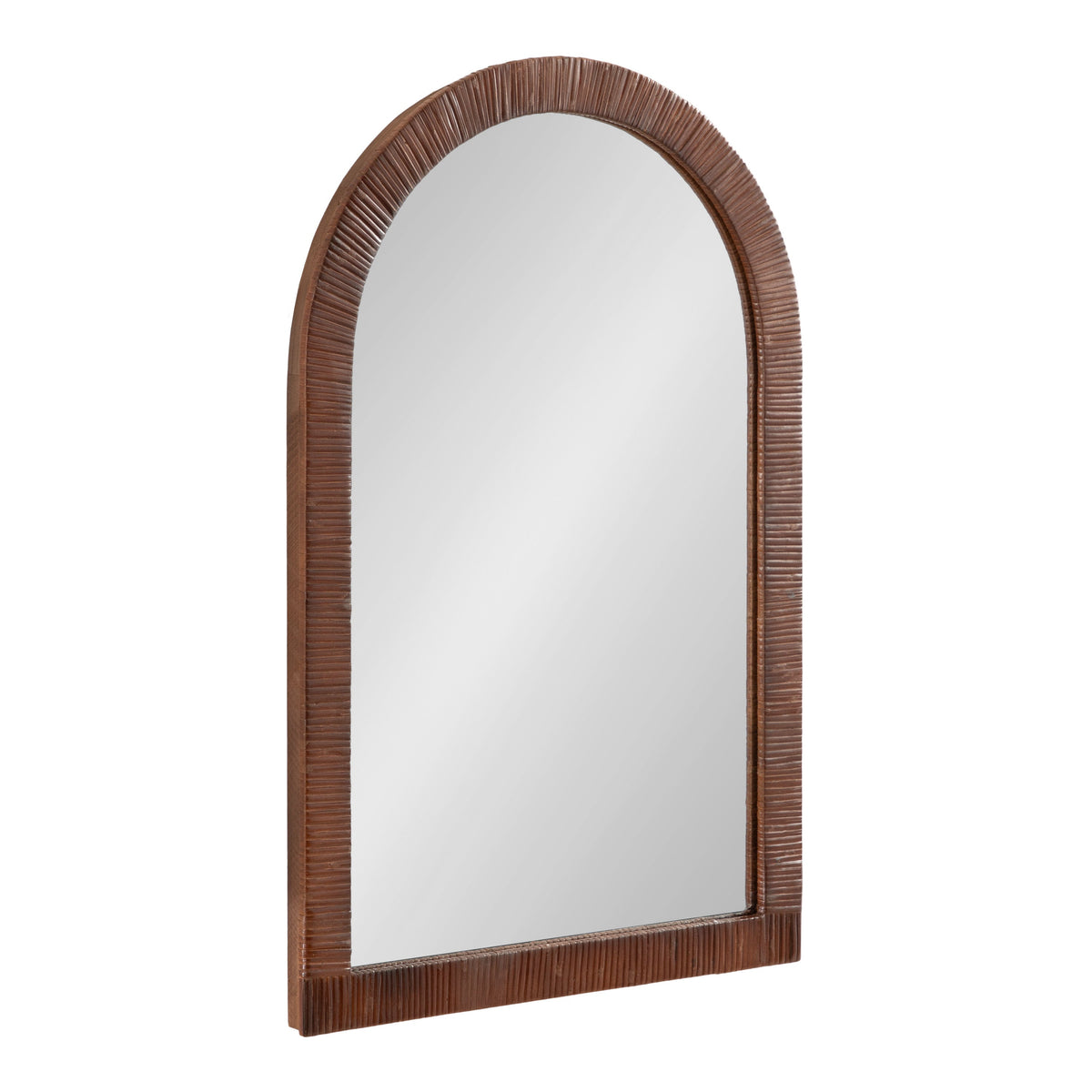 Arched rattan wall mirror in brown finish, front view
