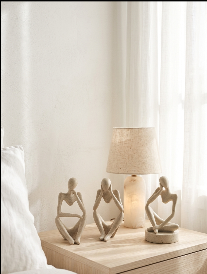 Three warm-sand abstract thinker figurines in different contemplative poses on a light wood nightstand, beside a small linen table lamp by a bright curtained window