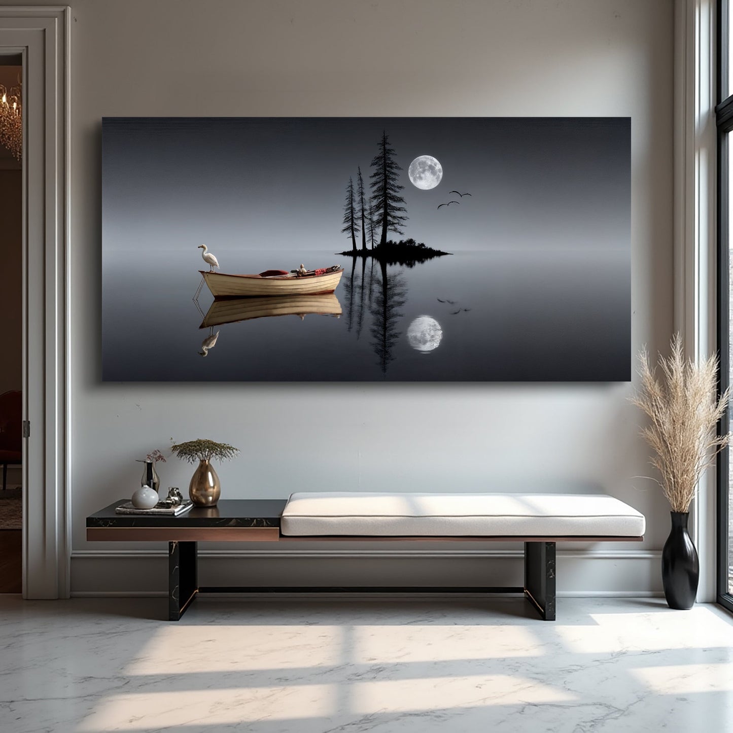 Minimalist landscape wall art in a refined home interior