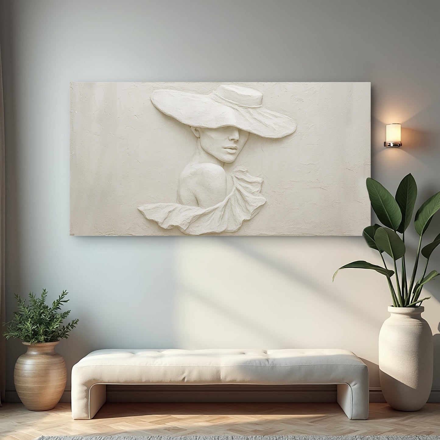Minimalist female portrait art in a refined home interior