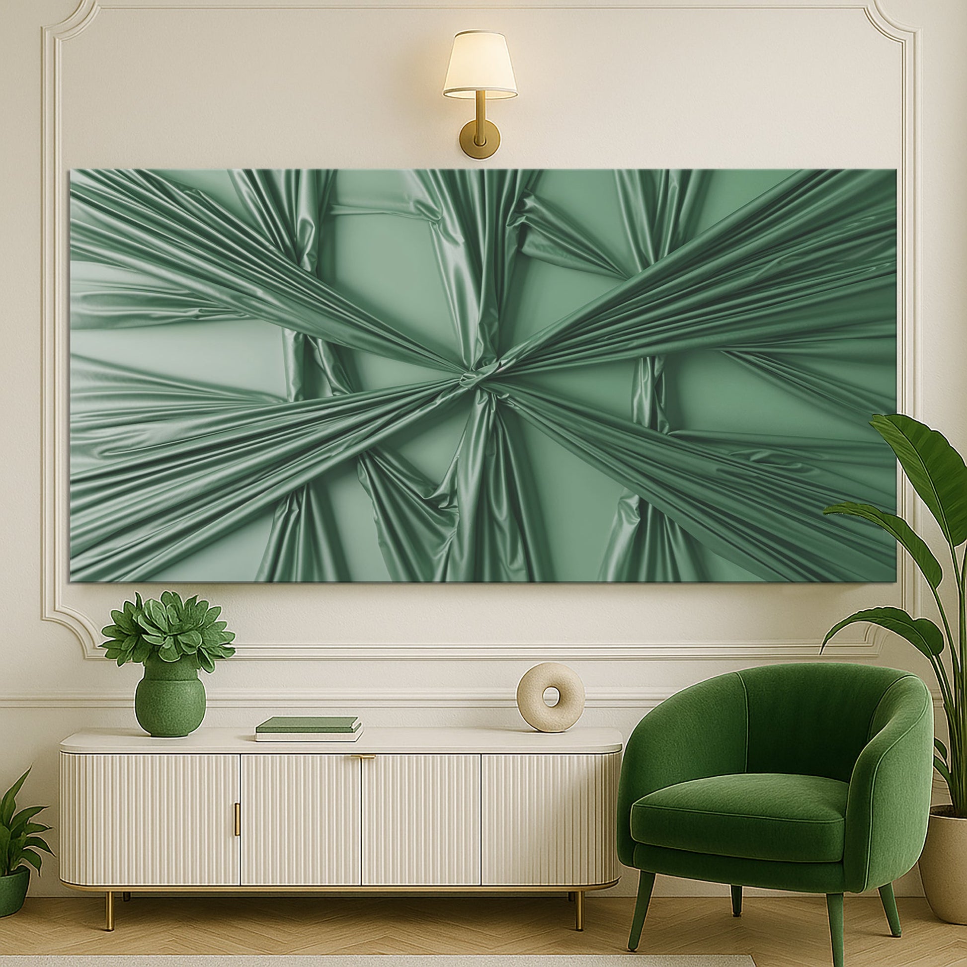 Emerald green abstract canvas art above a green velvet accent chair beside a floor lamp