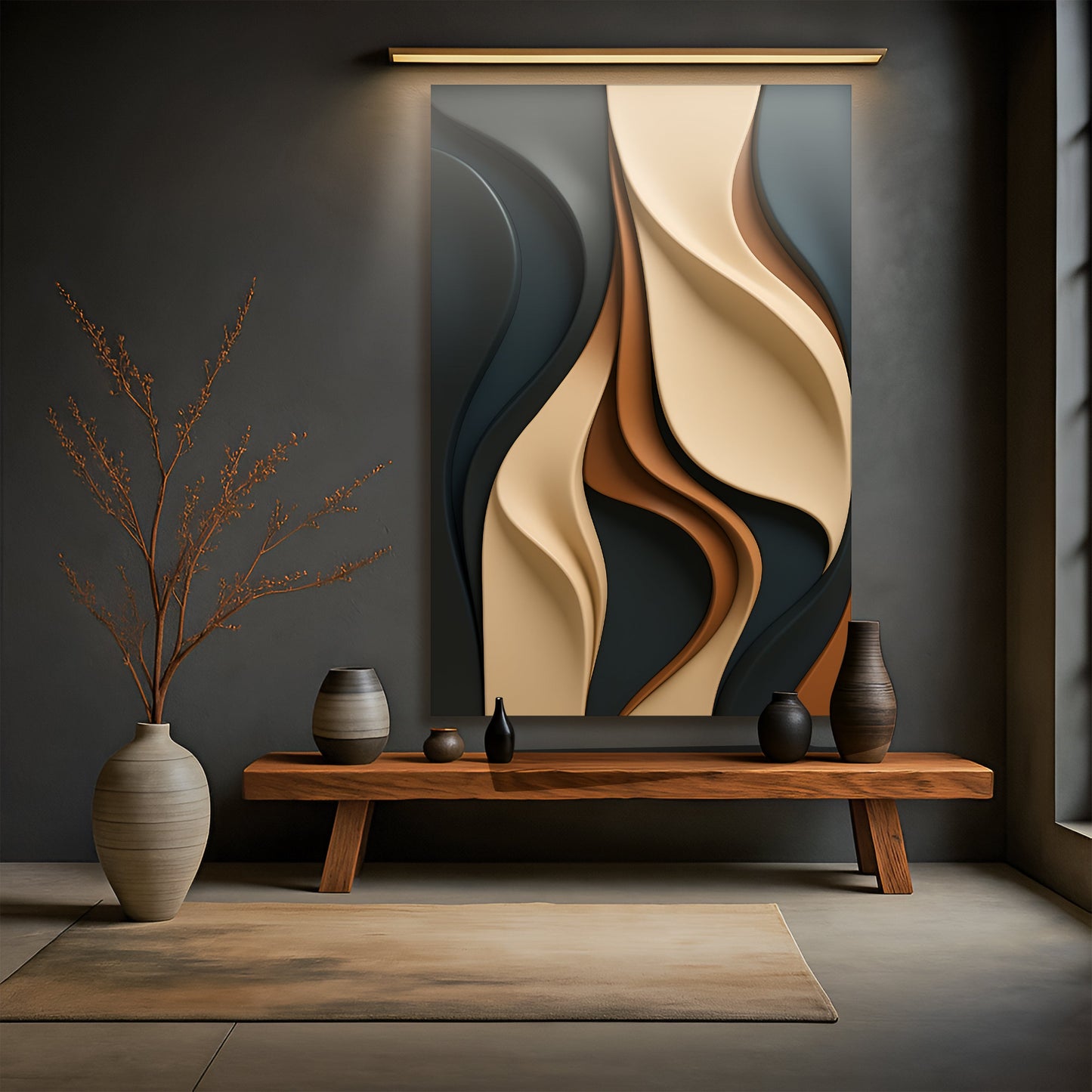 Flowing abstract canvas art in a minimalist living space