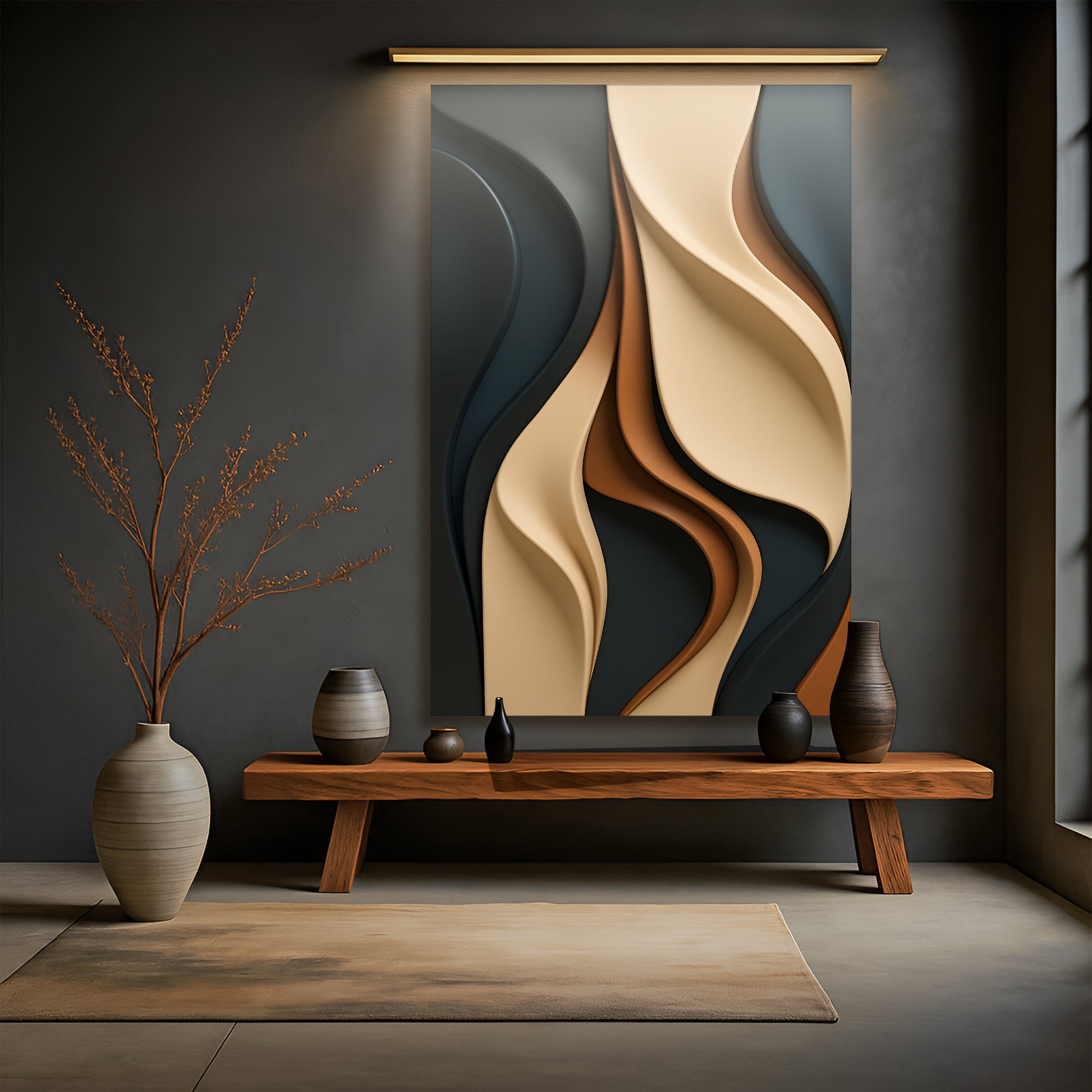 Flowing abstract canvas art in a minimalist living space