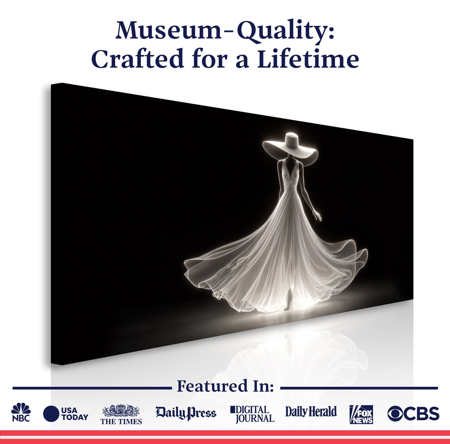 Elegant white silhouette woman canvas art shown with a museum-quality, crafted-for-a-lifetime guarantee