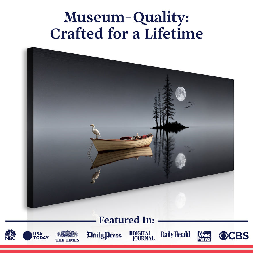 Minimalist night lake canvas art shown with a museum-quality, crafted-for-a-lifetime guarantee