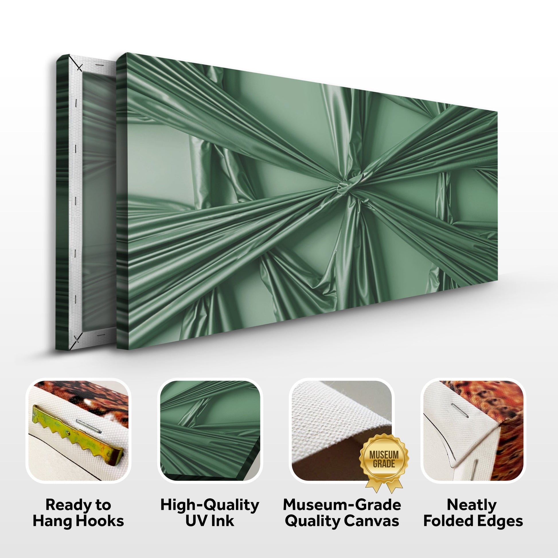 Emerald green draped canvas art shown at an angle highlighting ready-to-hang hooks, UV ink, museum-grade canvas and folded edges
