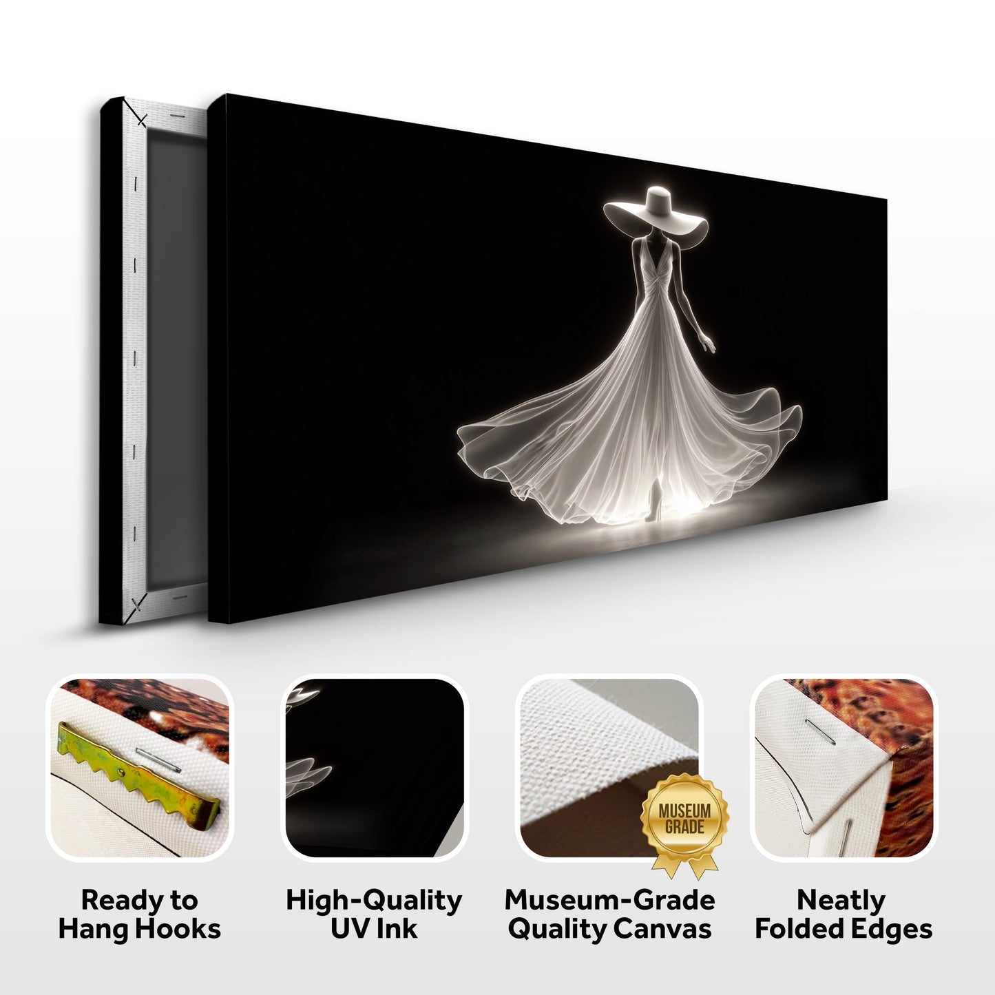 Elegant silhouette canvas art shown at an angle highlighting ready-to-hang hooks, UV ink, museum-grade canvas and folded edges