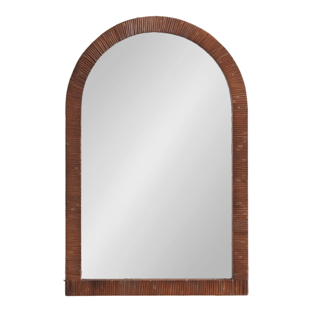 Arched rattan wall mirror in brown finish, front view