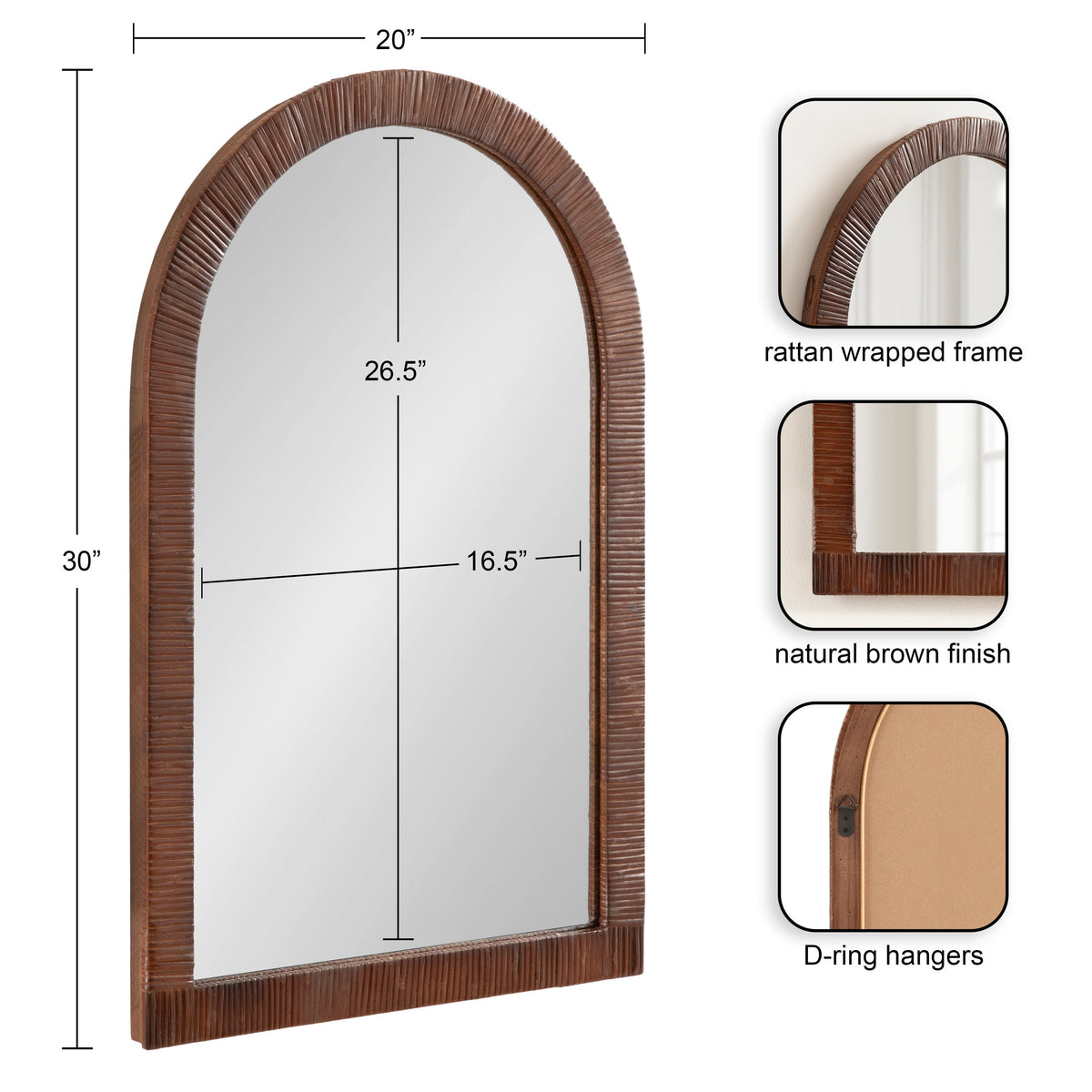 Brown rattan arched mirror shown with 20 x 30 inch dimensions and frame details