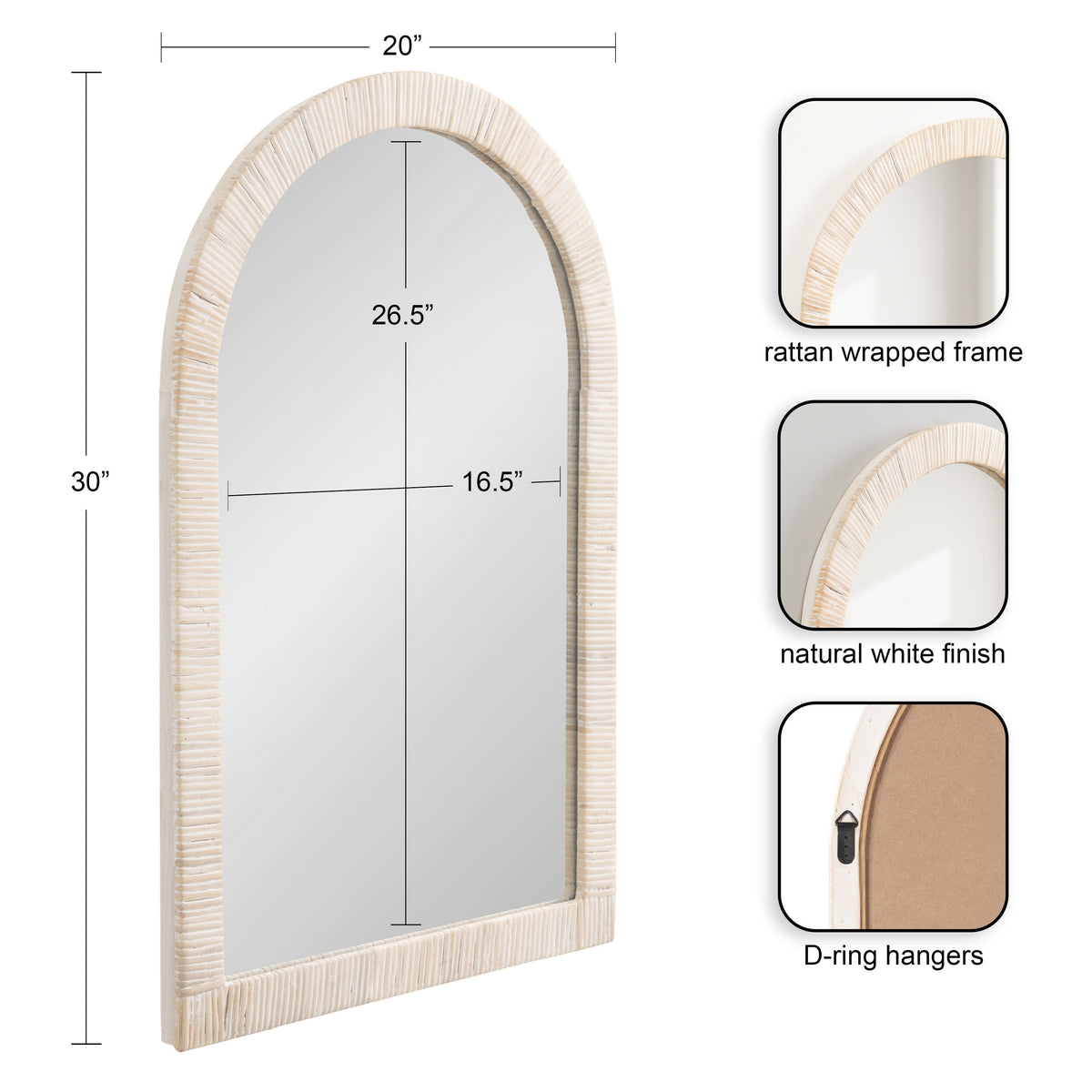 White rattan arched mirror shown with 20 x 30 inch dimensions and frame details