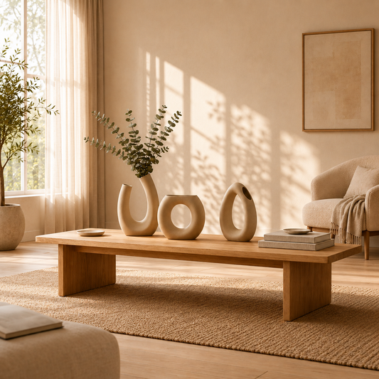 Beige sculptural abstract vases displayed on a long wood bench in a warm sunlit living room