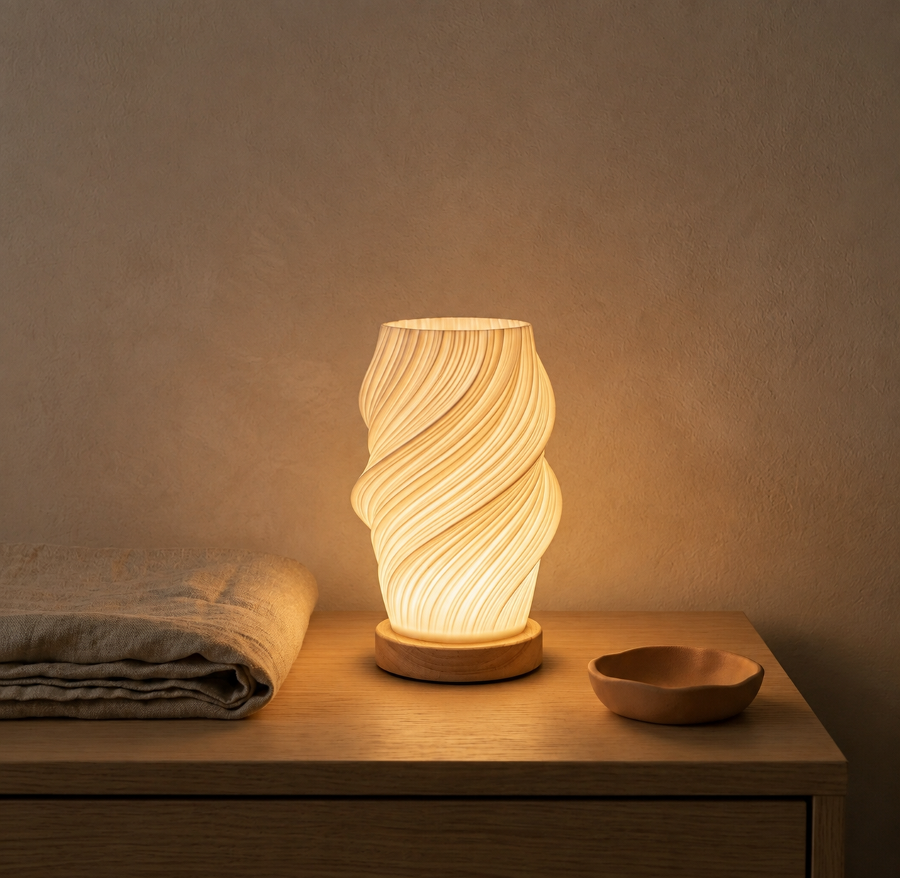 A glowing spiral-shaped table lamp with a warm light, sitting on a wooden nightstand next to a folded linen cloth and a small bowl against a textured beige wall.