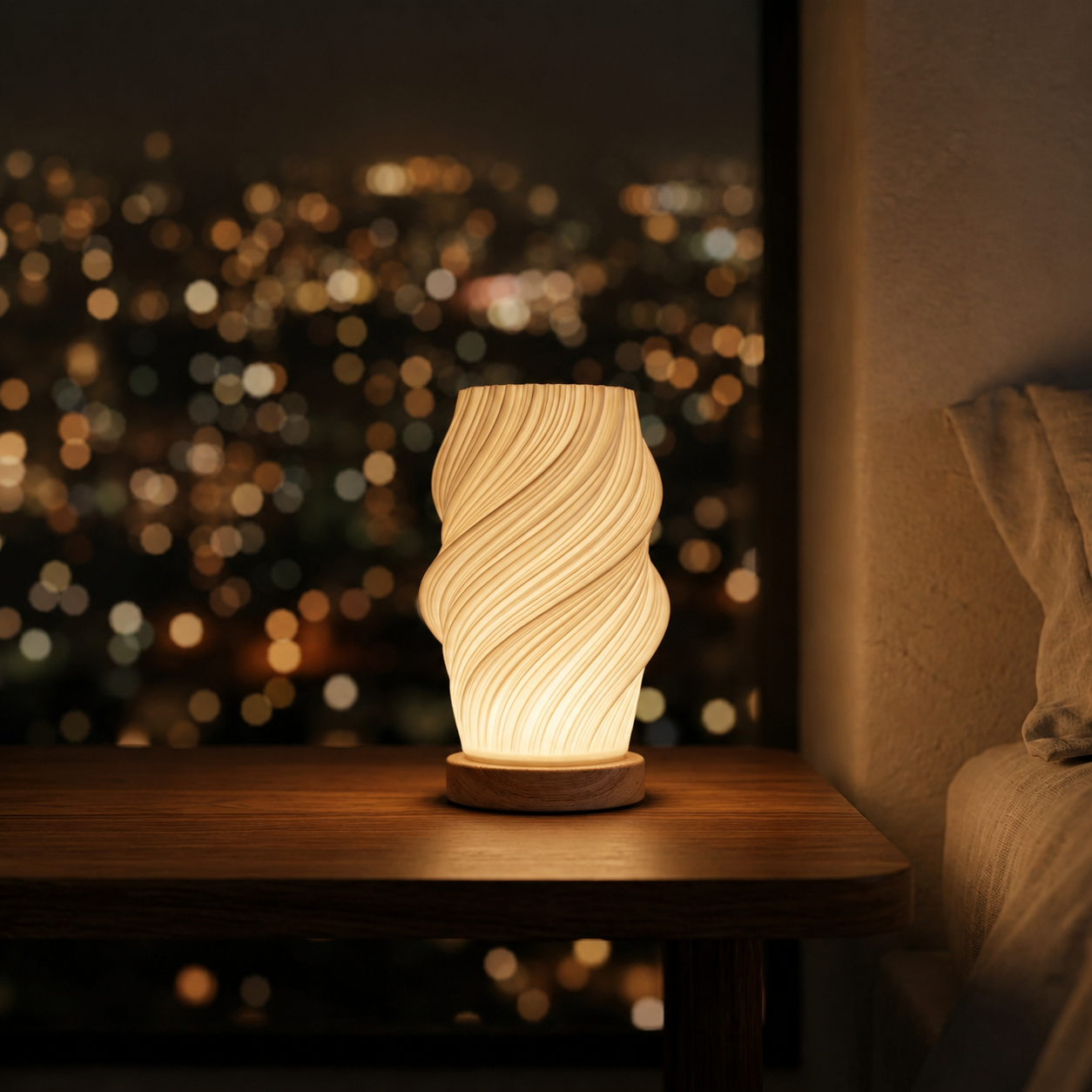 Spiral table lamp glowing warm on a bedside table at night with a blurred city view