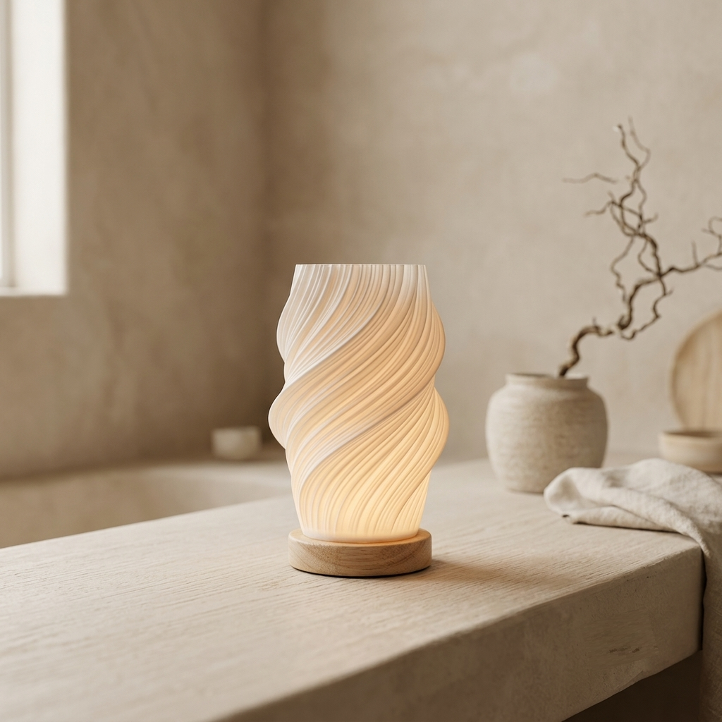 A modern spiral-shaped table lamp with a glowing warm white shade on a light wood base, set on a stone tabletop in a minimalist, warm-toned interior.