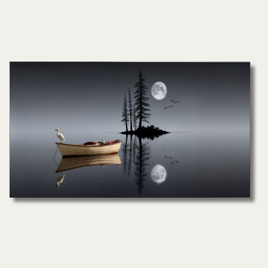 Minimalist night lake canvas wall art with a wooden boat and moonlit pines on a warm cream wall