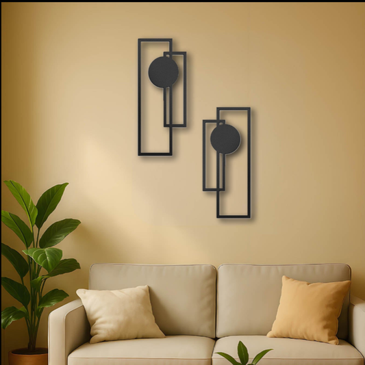 Geometric metal wall decor set displayed above a cream sofa with greenery