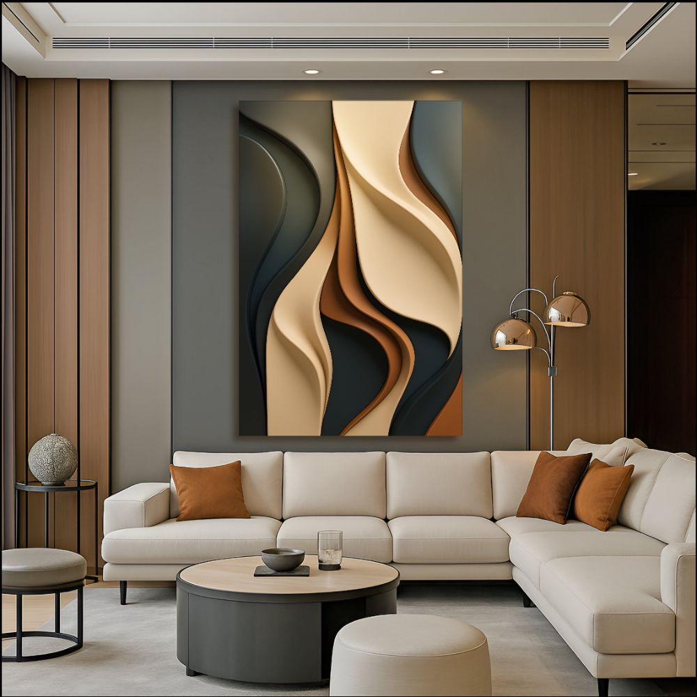 Sculptural flow abstract canvas art in a modern living room with sectional sofa