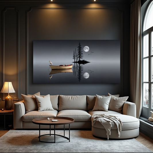 Minimalist night lake wall art displayed above a sofa in a moody living room