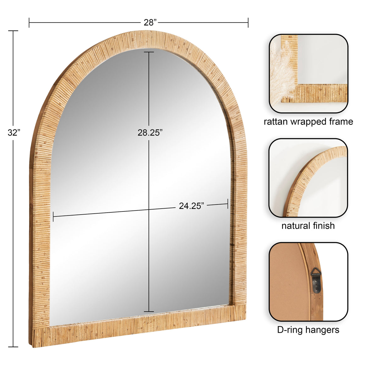 Natural rattan arched mirror shown with 28 x 32 inch dimensions and frame details