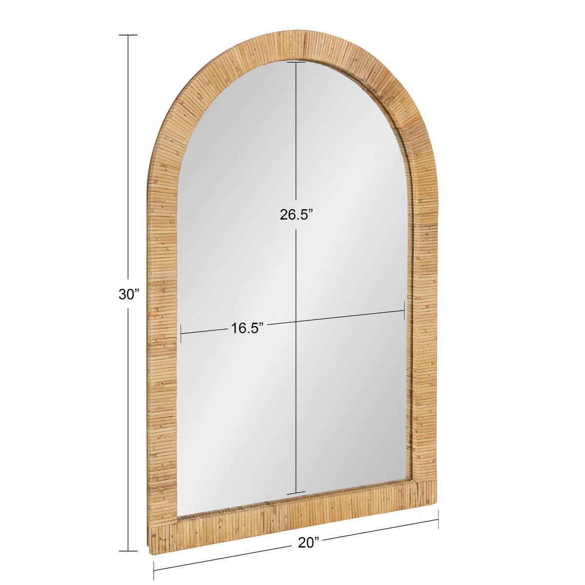 Natural rattan arched mirror shown with 20 x 30 inch dimensions and frame details